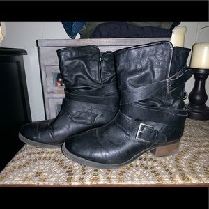 Black leather multi strap & buckle women’s booties